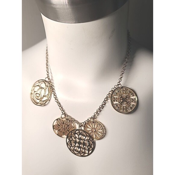 5 Gold Toned  Floral Discs Designs Necklace 20" Charms Chain Shiny Adjustable - Picture 1 of 5